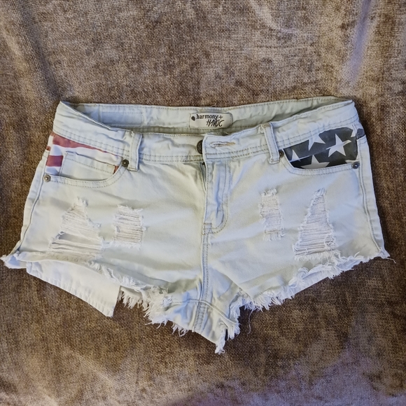Harmony + Havoc Denim Shorts Stars and Stripes American Flag Junior 9 Distressed - Picture 2 of 8